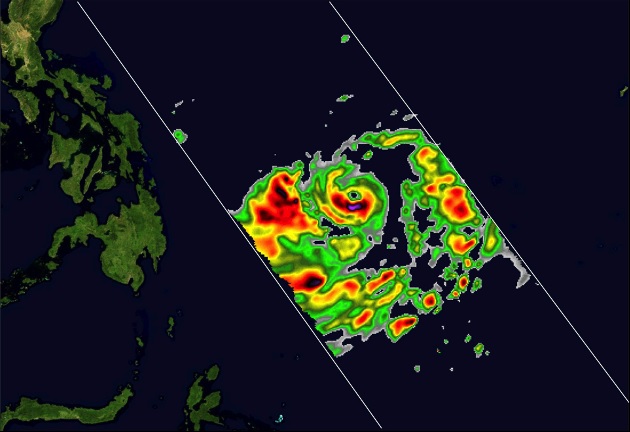 TEMPEST-D remote-sensing observations of Typhoon Surigae, the strongest Northern Hemisphere tropical cyclone (TC) to form before May and one of the most intense TCs to be observed. TEMPEST-D observed the intense precipitation bands rotating around the eye shortly after it rapidly intensified east of the Philippines on April 16, 2021. The yellow and red colors indicate the most intense precipitation. (Credit: Steve Reising / Colorado State University)