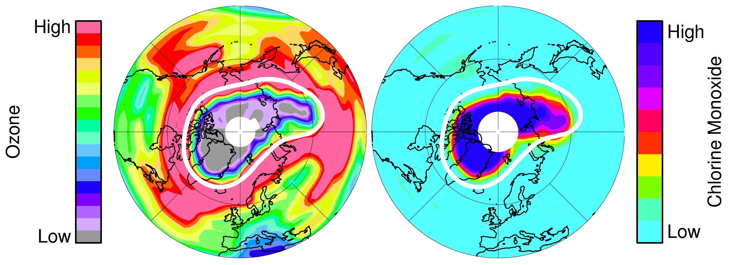 On the left, ozone in Earth's stratosphere at an altitude of approximately 12 miles; on the right, chlorine monoxide – the primary agent of chemical ozone destruction. Aura's MLS instrument collected both data sets, and C-MLS will build on Aura’s achievements to help future scientists study fundamental features of Earth’s atmospheric chemistry. (Image Credit: NASA)