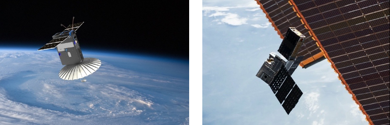Left: An artist’s depiction of RainCube. Right: TEMPEST-D shortly after release from the International Space Station. RainCube and TEMPEST-D pioneered novel technologies for observing severe weather, setting the stage for NASA’s upcoming INCUS mission. (Credit: NASA / ISS)