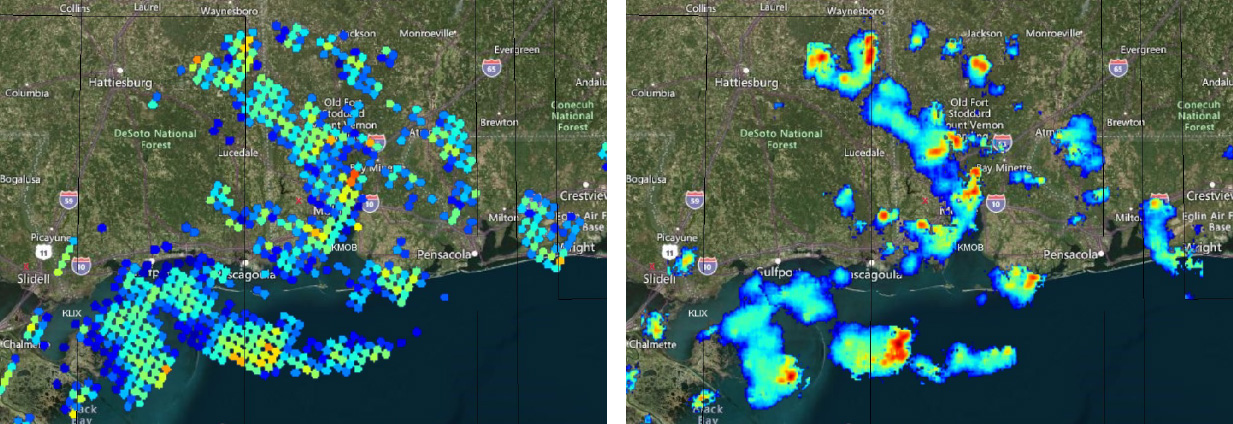Two images shown. Both with precipitation graphed over an area of the gulf coast between New Orleans and Talahassee. Standard GPM data (left) and high-resolution GPM data produced by CAPRi (right). CAPRi increased the speed at which researchers can produce high-resolution precipitation data by a factor of 48. (Image: GPM / NASA)