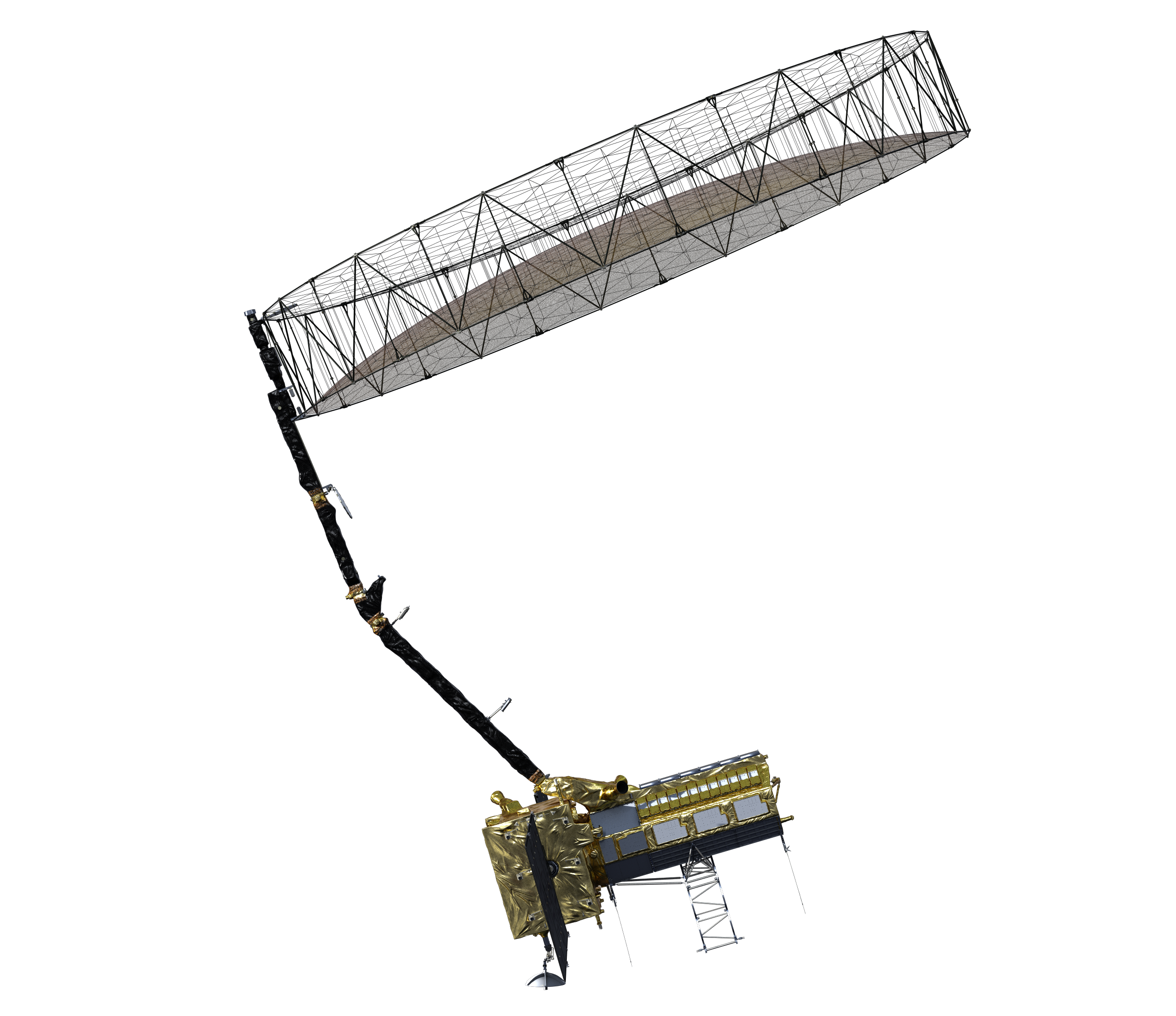 Image shows the NISAR an illustration of the NISAR satellite, a large round dish connected by a thin arm to a spacecraft rectangular spacecraft bus