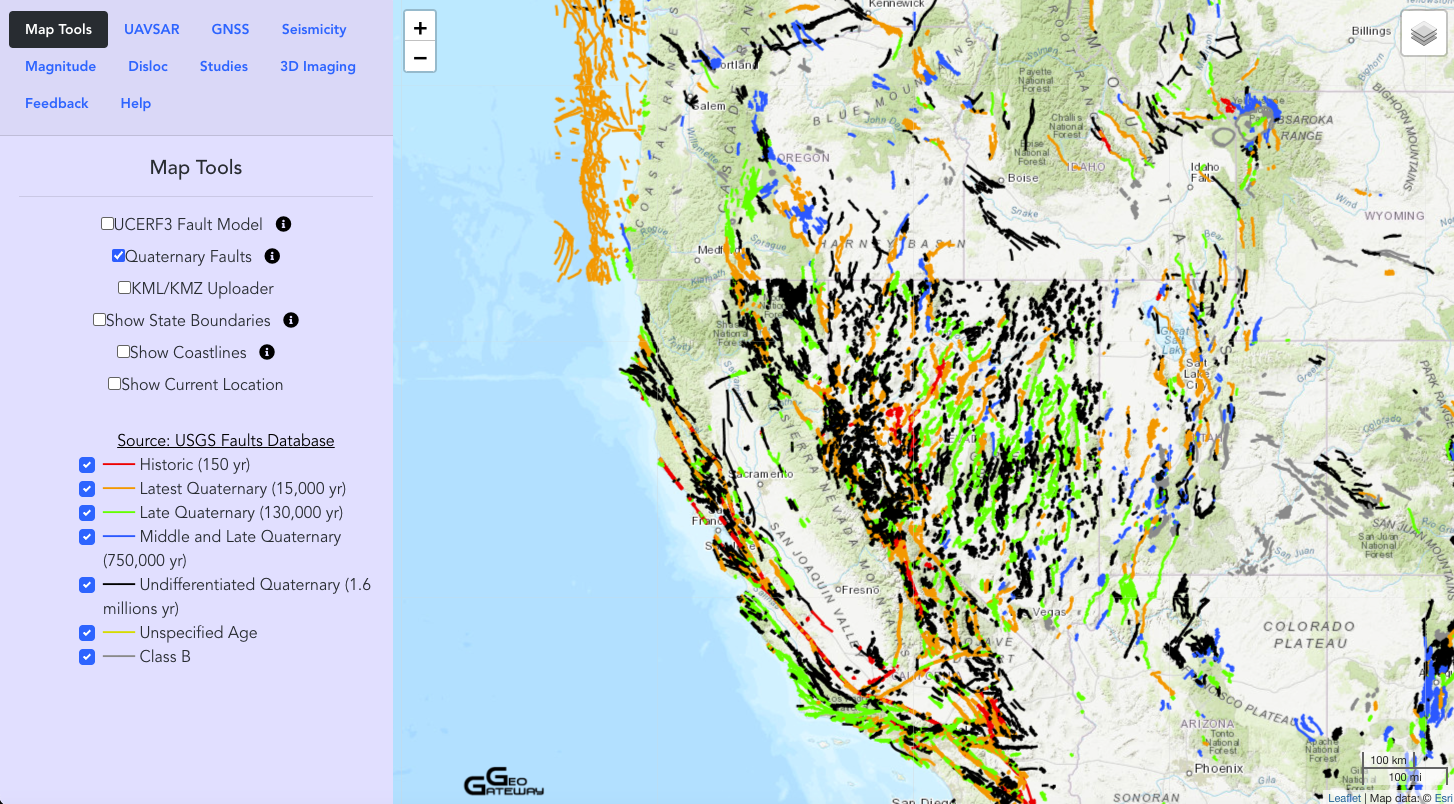 A view of the GeoGateway map tool showing Quaternary faults in the western U.S. (Credit: GeoGateway)