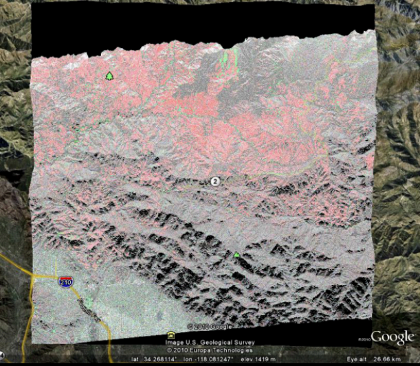 Processed, composited UAVSAR data from the Station Fire burn scar in the Angeles National Forest from 2009. Vegetated areas shown in red and non-vegetated areas shown in green, with repeat pass change in backscatter > 3 dB. (Credit: Yunling Lou, JPL)